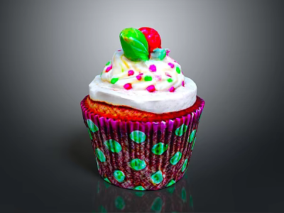 Red Cupcake With White Frosting Colorful Sprinkles Fruit Shaped Topper And Pink Polka Dot Wrapper 3d model