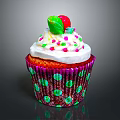 Red Cupcake With White Frosting Colorful Sprinkles Fruit Shaped Topper And Pink Polka Dot Wrapper