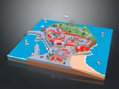 Cartoon Island Scene With Colorful Houses Boats Sandy Beach And Blue Ocean 3d model