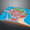 Cartoon Island Scene With Colorful Houses Boats Sandy Beach And Blue Ocean