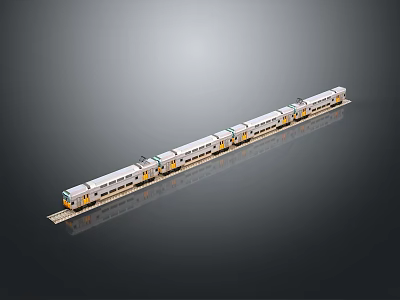 White and Yellow Model Train with Multiple Carriages on Gray Track 3d model