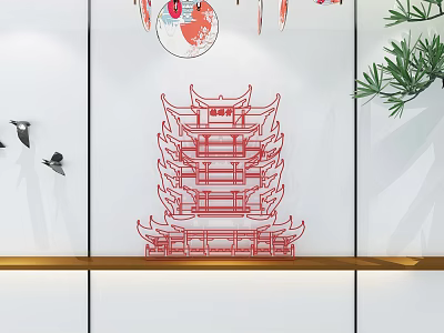 Chinese Decorative Ornament Combination With Red Tower Black Birds On Wooden Shelf And Green Plant 3d model