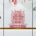 Chinese Decorative Ornament Combination With Red Tower Black Birds On Wooden Shelf And Green Plant