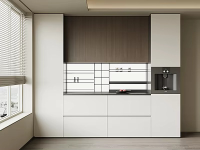 Modern Wine Cabinet Design With White And Wooden Panels Open Shelves And Closed Cabinets 3d model