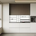 Modern Wine Cabinet Design With White And Wooden Panels Open Shelves And Closed Cabinets