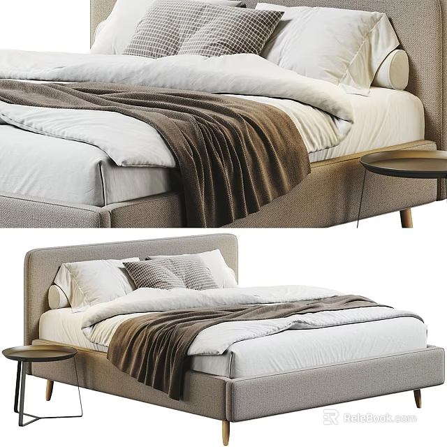 Modern Double Bed With White Linens Brown Blanket And Small Round Nightstand 3d model 