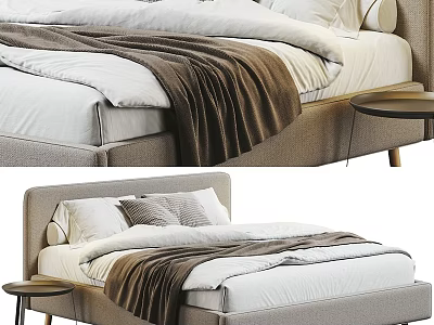 Modern Double Bed With White Linens Brown Blanket And Small Round Nightstand 3d model