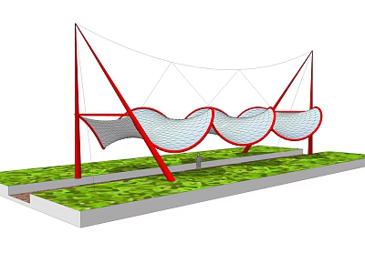 Tensile Membrane Structure with Red Supports and White Membrane on Green Grass 3d model