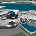 Modern Architectural Building With Unique Dome Structures On Waterfront Coastal Area 3d model