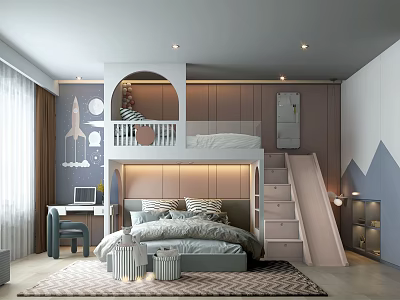 Kids Room Interior With Bunk Bed Slide Desk Rocket Decor And Arched Design 3d model