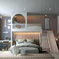 Kids Room Interior With Bunk Bed Slide Desk Rocket Decor And Arched Design