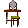 Wooden Dressing Table with Round Mirror and Oval Top Accompanied by Green Cushioned Stool
