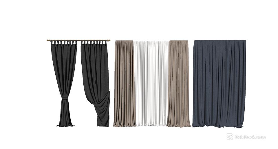 Stylish Curtains In Black White Brown Gray Colors With Modern Draping Styles For Home Decor 3d model 