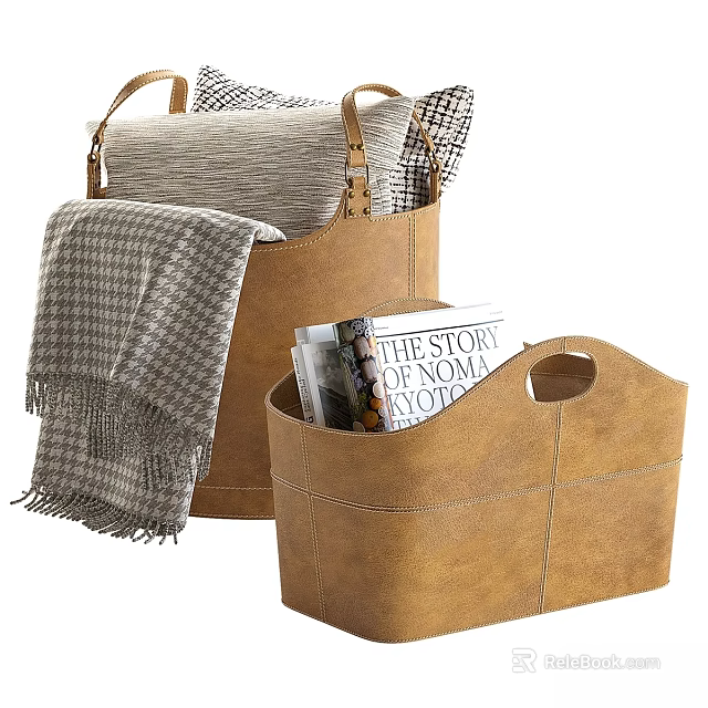 Elegant Brown Leather Decorative Storage Baskets For Home Decor With Plaid Blanket Magazines And Pillows 3d model 