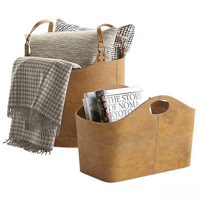 Elegant Brown Leather Decorative Storage Baskets For Home Decor With Plaid Blanket Magazines And Pillows 3d model