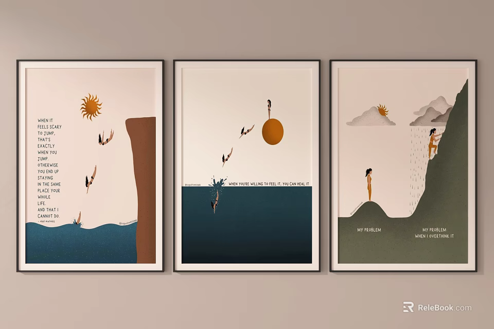 Three Decorative Paintings Featuring Sun Figures Mountains Water And Text Scenes 3d model