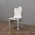 White Single Chair With Unique Backrest Design And Wheeled Legs On Herringbone Wooden Floor