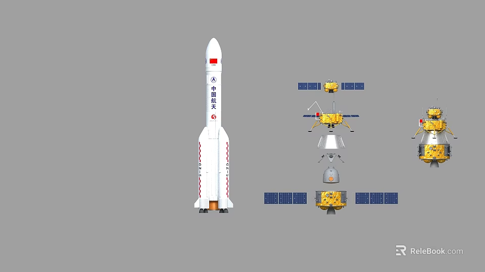 Chinese Long March Rocket With Space Station Modules And Satellite Components 3d model 