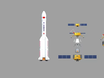 Chang'e -5 with ascent lander returnee orbiter and Long March -5 rocket 3d model