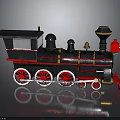 Vintage Steam Train 3D Model With Black Body Red Yellow Stripes And Decorative Wheels