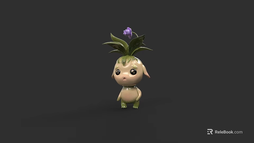Cartoon Lamb Like Creature With Purple Flower Green Leaves Big Eyes And Green Body 3d model 