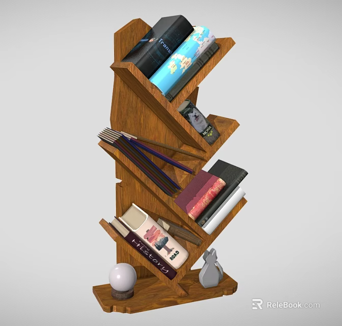 Wooden Stylish Tiered Bookshelf With Stacked Books And Decorative Ornaments Modern Home Interior 3d model 