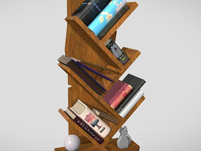 Wooden Stylish Tiered Bookshelf With Stacked Books And Decorative Ornaments Modern Home Interior 3d model