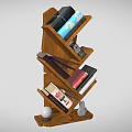Wooden Stylish Tiered Bookshelf With Stacked Books And Decorative Ornaments Modern Home Interior