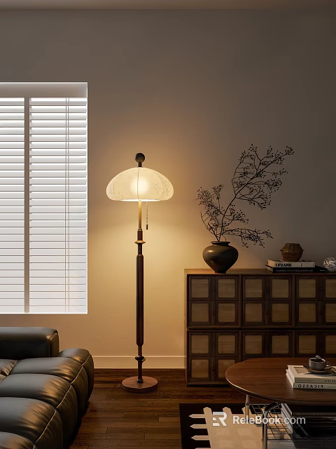 Floor Lamp with Warm Light Beside Window White Blinds Decorative Vase Branch Wooden Cabinet Drawers 3d model 