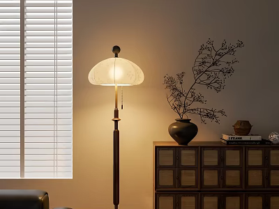 Floor Lamp with Warm Light Beside Window White Blinds Decorative Vase Branch Wooden Cabinet Drawers 3d model