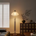 Floor Lamp with Warm Light Beside Window White Blinds Decorative Vase Branch Wooden Cabinet Drawers
