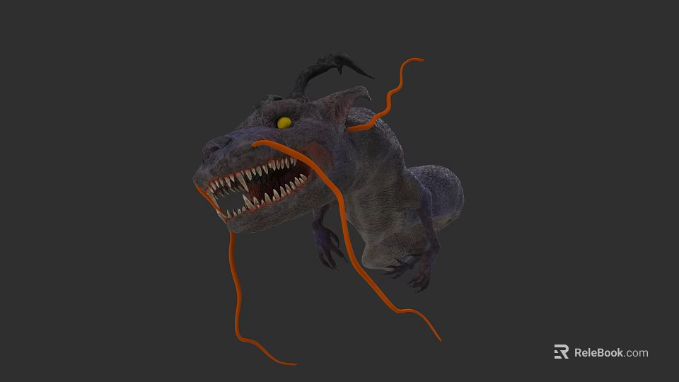 Reptile 3D Model With Open Mouth Sharp Teeth Yellow Eyes And Orange Tentacles 3d model 
