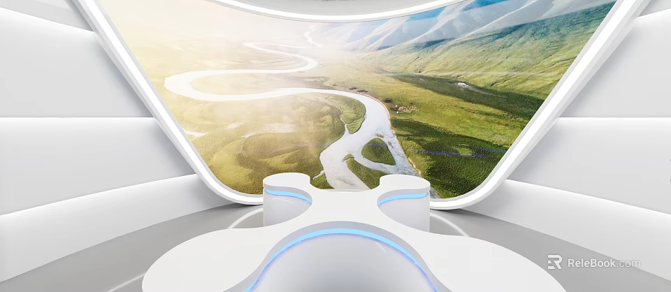 Tech Exhibition Hall With Curved Screen Showing Natural River And Green Mountains 3d model 