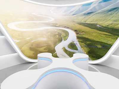 Tech Exhibition Hall With Curved Screen Showing Natural River And Green Mountains 3d model