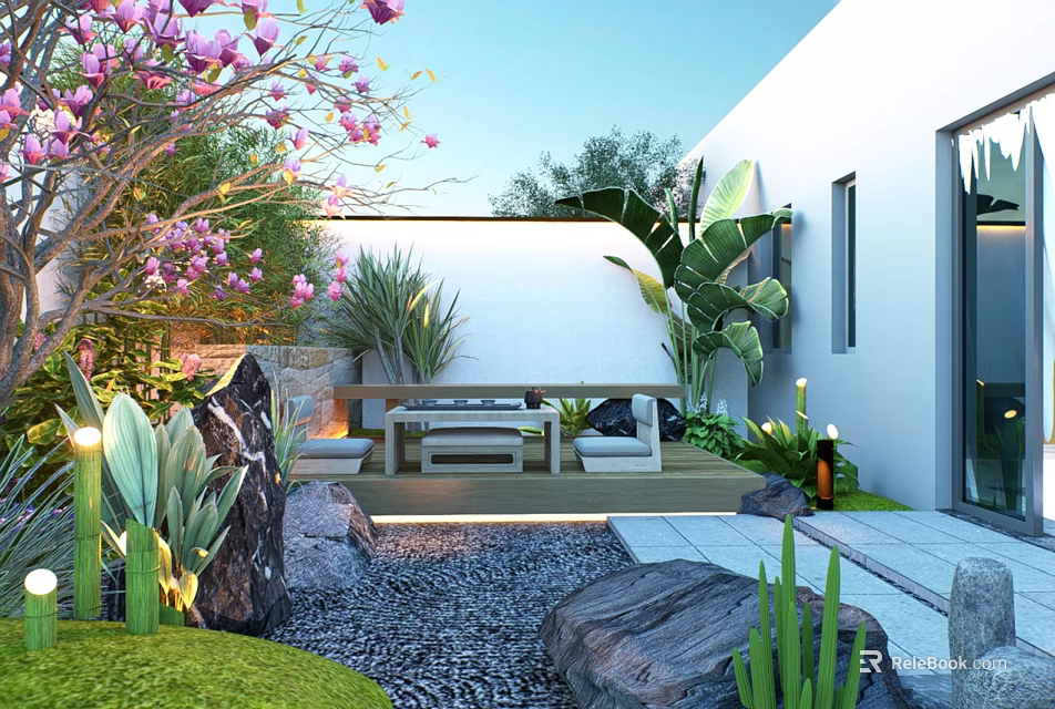 Serene Garden Yard Design With Pink Blossoms Green Lawn Pebble Path And Outdoor Seating 3d model 