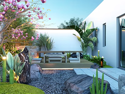 Serene Garden Yard Design With Pink Blossoms Green Lawn Pebble Path And Outdoor Seating 3d model