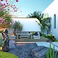 Serene Garden Yard Design With Pink Blossoms Green Lawn Pebble Path And Outdoor Seating