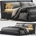 Modern Double Bed with Gray Bedding Leather Headboard and Side Nightstand 3d model