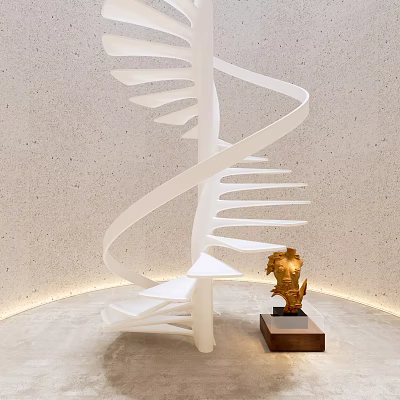 Golden Sculpture Displayed Beside White Spiral Staircase In Modern Interior 3d model