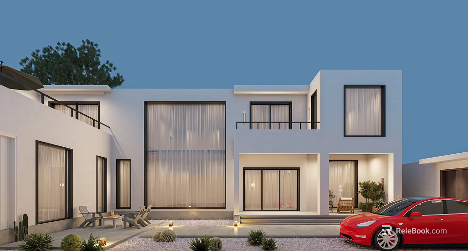 Modern Villa Balcony Design With Outdoor Seating Greenery Lighting And White Exterior 3d model 