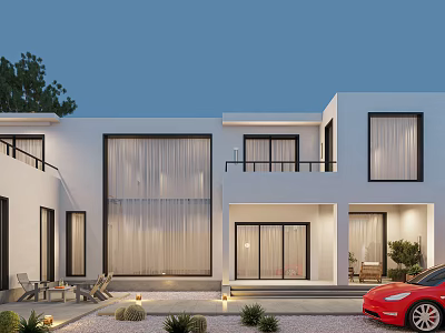 Modern Villa Balcony Design With Outdoor Seating Greenery Lighting And White Exterior 3d model