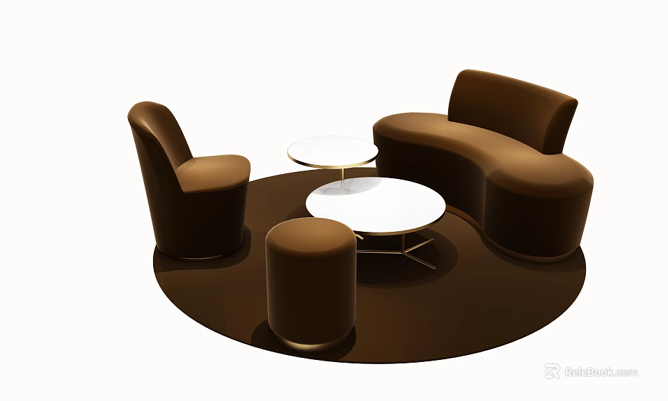 Modern Brown Curved Sofa Set with Armchair Round Coffee Table and Stool 3d model