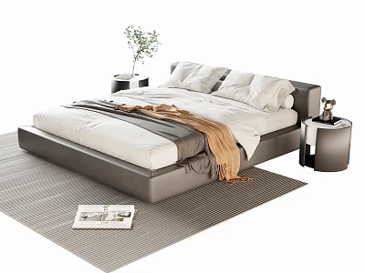 Modern Double Bed With White Sheets Pillows Brown Blanket Gray Frame Nightstands Green Plant Rug 3d model