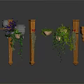 Ornamental Decorative Structure With Wooden Pillars Hanging Planters Metal Containers And Green Plants