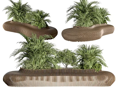 Modern Wooden Landscape Seats With Curved Design And Lush Green Plants 3d model