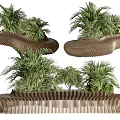 Modern Wooden Landscape Seats With Curved Design And Lush Green Plants