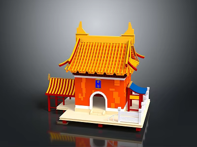 Traditional Chinese Architecture With Yellow Tiled Roof And Orange Walls Curved Eaves Arched Doorway 3d model
