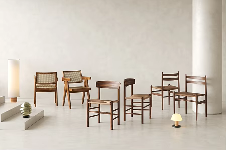 Classic Middle Ancient Chair Chandigarh Chair J39 Dining Chair Woven Leisure Chair Tradition Mushroom Table Lamp 3d model