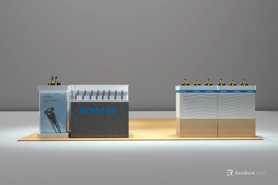 Modern Acrylic Display Shelves With Wooden Base Multi Layer Design And Blue Accents For Product Showcase 3d model 