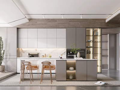 Modern Kitchen Interior Design With Island Counter Wooden Chairs And Pendant Lights 3d model